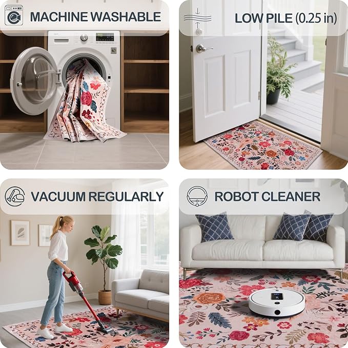 8x10 Area Rugs for Living Room Clearance Washable Boho Area Rug, Vintage Floral Non Slip Low Pile Large Rug for Living Room, Bedroom, Dining Room, Farmhouse (8 x 10 Beige Red)