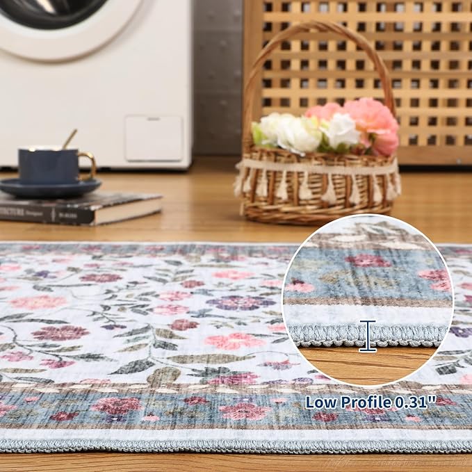 GarveeHome Washable Runner Rug 2 x 6 Non-Slip Non-Shedding Soft Vintage Bedside Rug, Low Pile Farmhouse Floral Carpet, Indoor Foldable Printed Entryway Rug for Hallway Kitchen, Light Blue