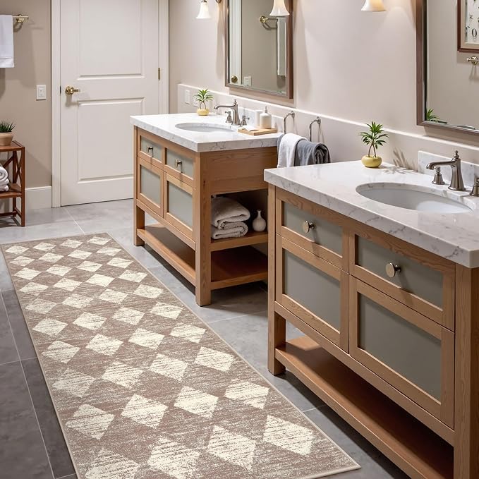 Lahome Moroccan Treills Runner Rug - 2x6 Beige Washable Rug Runner Carpet Runners for Hallway 6ft Non Skid, Checkered Faux Wool Long Kitchen Bathroom Non Skid Runners for Bedroom Hallway Entryway