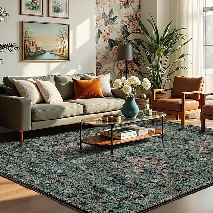 Dark Green Boho 5x7 Area Rugs for Bedroom Aesthetic, Washable Floral Rug for Living Room, Nursery - Low Pile Non Slip French Country Carpet for Dining Room Under Table - Botanical Mat for Indoor