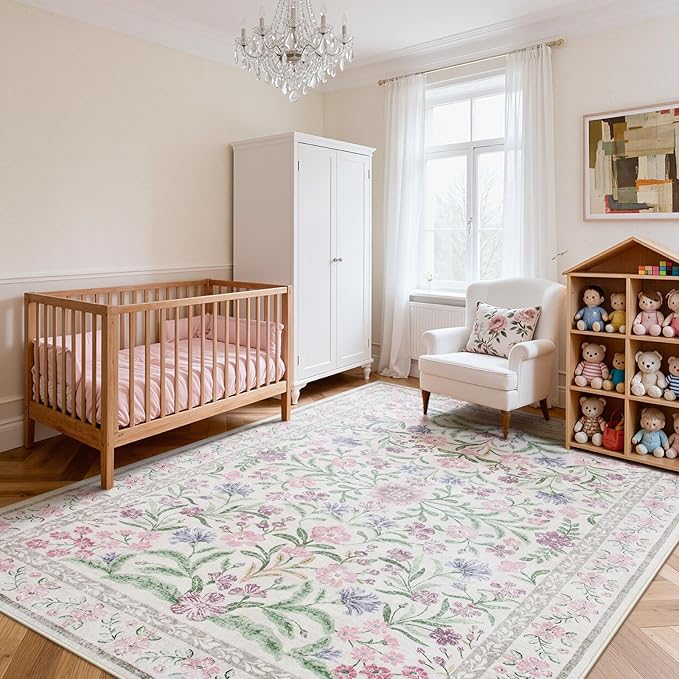 Lahome Purple Floral 9x12 Area Rug, Machine Washable Low Pile Nursery Girls Rug, Non-Slip Thin Carpet for Playroom Kids, Soft Boho Mat for Women Bedroom Decor