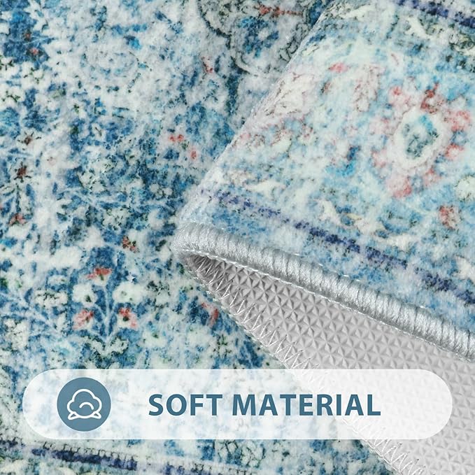 Uphome Light Blue Bathroom Rugs, Distressed Farmhouse Boho Bath Mat, Comfy Velvet Small Bath Rugs Non Slip Washable, Vintage Oriental Toilet Rug for Sink Shower Vanity, 18x26 inch