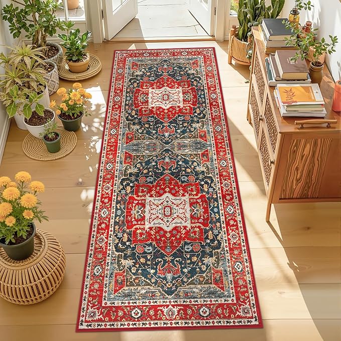 Enkor Runner Rugs for Hallway, 2x6 Washable Soft Boho Non Slip Floor Rugs for Kitchen, Modern Mat for Living Room Bedroom Entryway Red & Blue