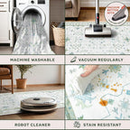 Washable Oushak Bathroom Runner Rug 2x5 - Eclectic Boho Floral Pastel, Non Slip Low Pile Stain Resistant Small Throw Rug for Bedroom, Laundry Room, Powder Room, Cream Green