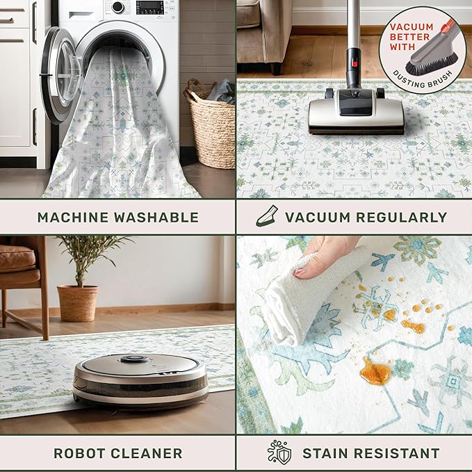 Washable Oushak Bathroom Runner Rug 2x5 - Eclectic Boho Floral Pastel, Non Slip Low Pile Stain Resistant Small Throw Rug for Bedroom, Laundry Room, Powder Room, Cream Green