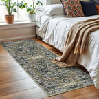 KOZYFLY Runners for Hallways 2x6 Ft Washable Kitchen Runner Rug Boho Runner Rug for Entryway Indoor Printed Oriental Faux Wool Floor Carpet Runner for Bedroom Kitchen Hall, Charcoal/Green/Olive