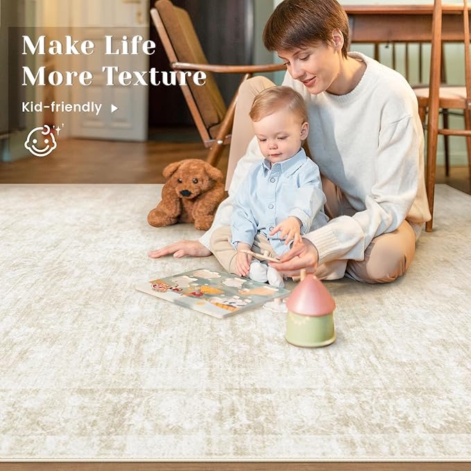 5x7 Area Rugs for Living Room: Washable Vintage Floral Rug Low Pile Non-Slip Boho Carpet for Bedroom Nursery Dining Room (Beige, 5'x7')