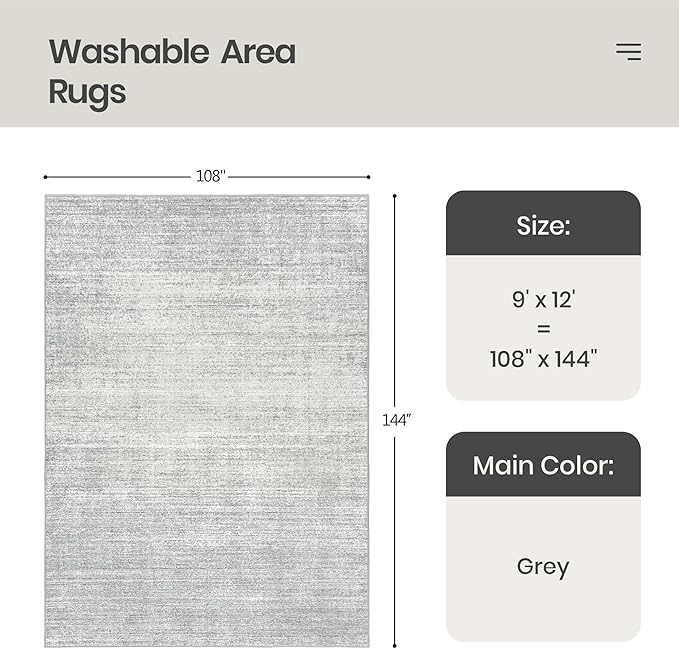 Valenrug Washable Rugs - Stain Resistant Area Rugs 9x12 Living Room, Non Slip Backing Printed Rugs for Bedroom, Folable Machine Washable Area Rug (Grey, 9'x12')