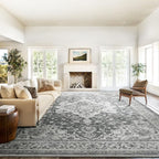 Marsail 9x12 Washable Area Rug, Soft & Slip-Resistant Large Area Rug with Reinforced Bound Edges, Vintage Short-Pile Washable Rug with Floral Pattern for Living Room, Dinning Room and Bedroom, Grey
