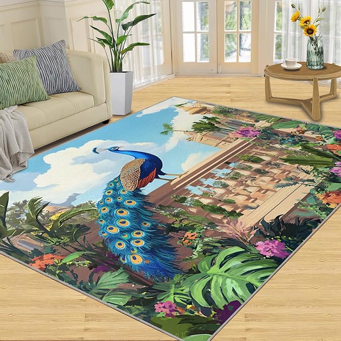 Peacock Rugs for Living Room - 5x8 Rug, Tropical Palm Leaves Area Rugs for Bedroom, Peacock Decor Rug, Floral Animal Washable Carpet, Peafowl Carpet - Peafowl Home Decor & Gifts