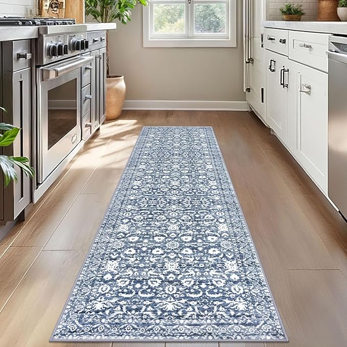 Vintage Floral 2x7 Runner Rug, Light Blue White Washable Bedroom Runner Rug Non-Slip Hallway Kitchen Runner Super Soft Thin Printed Faux Wool Carpet for Entryway Bedroom Laundry Room Indoor
