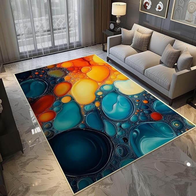 Modern Abstract Area Rug, Fluid Art Abstract Area Rug, Modern Colorful Bubbles Rugs, Geometric Rugs, Washable Non Slip Soft Alcohol Ink Carpet for Living Room (6' x 10'(Rectangular))