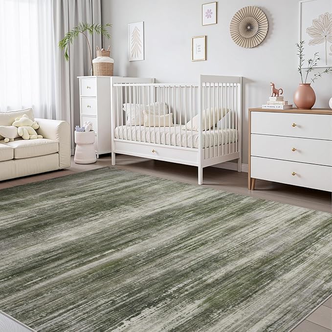 PADOOR Modern Abstract Area Rug - 8x10 Washable Rugs Non-Slip, Large Rug Ultra Soft Low Pile Rugs for Living Room Bedroom Dining Room Nursery Room Playroom Green