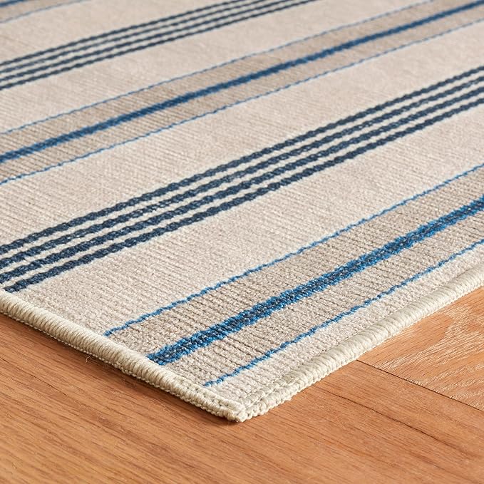 Dash & Albert Nimes Ticking Neutral Machine Washable Rug, 8.5 X 11.5 Feet, Blue Stripe Pattern