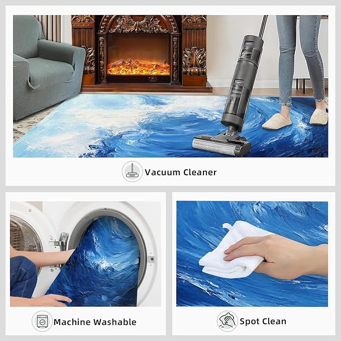 Japanese Ocean Rugs for Bedroom - 4x5 Area Rug - Ukiyo-E Ocean Waves Rugs for Living Room, Abstract Oil Painting Ocean Rug, Washable Home Decor Carpet
