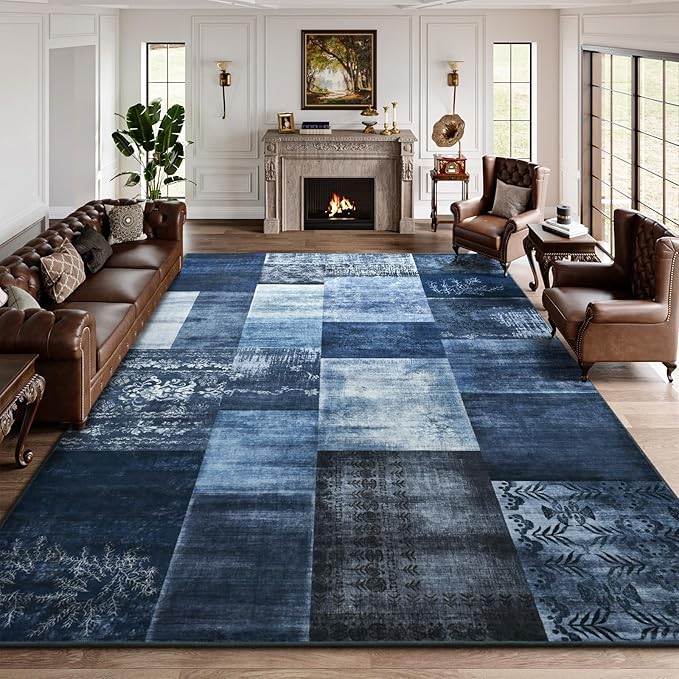 DweIke Large Modern Washable Area Rugs 8x10, Living Room Rug Non-Slip and Non-Shedding Large Rugs for Bedroom, Low Pile Indoor Rubber Backed Carpets for Dining Office Home Decor, Navy Blue