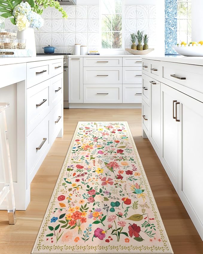 Boho Floral Runner Rug 2x6, Washable Non-Slip Kitchen Rug, Ultra Soft Vintage Carpet for Hallways, Kitchen, Bedroom, Bathroom (Beige)