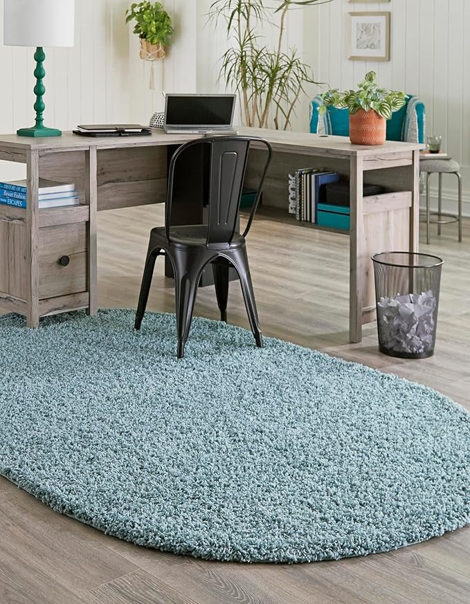Unique Loom Solid Shag Collection Area Rug (7' 10" x 10' Oval, Light Slate Blue)