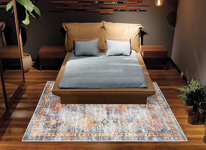 Bloom Rugs Washable Non-Slip 3' x 5' Rug - Blue/Orange Traditional Bordered Area Rug for Living Room, Bedroom, Dining Room, and Kitchen - Exact Size: 3' x 5'