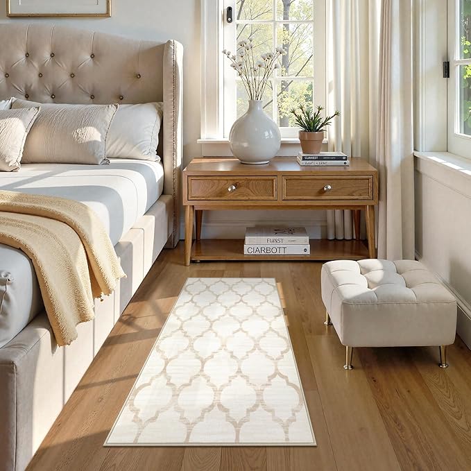 Lahome Moroccan Runner for Hallway - 2x4 Area Rug Washable Non-Slip Soft Bathroom Runner Ultra-Thin Small Kitchen Mat, Modern Print Distressed Floor Runners for Entryway Bedroom (Beige, 2'x4')