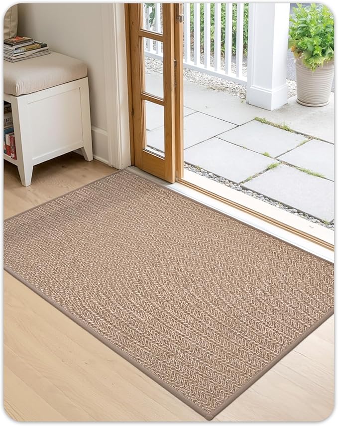 Color&Geometry Thin Indoor Entrance Mats for Home, 17"X29.5" Indoor Mats for Entryway Non Slip Rubber Backed, Dirt Trapper Door Rugs for Entryway Indoor Washable, Dark Khaki (Rolled-up NO Creases)