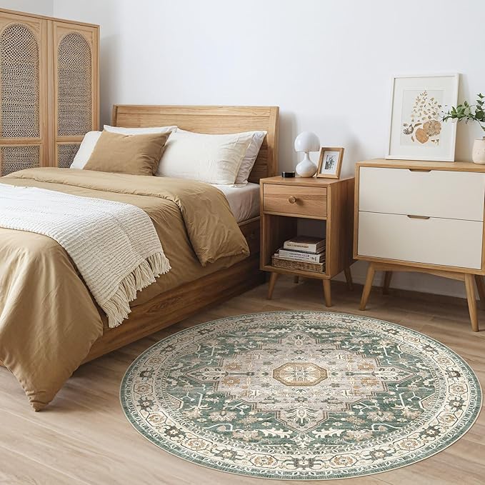 Round Rug Living Room Rugs: 5x5 Washable Boho Neutral Large Circle Soft Indoor Distressed Stain Resistant Floor Farmhouse Carpet for Bedroom Nursery Kids Playroom Office Dining Room Dorm- Green