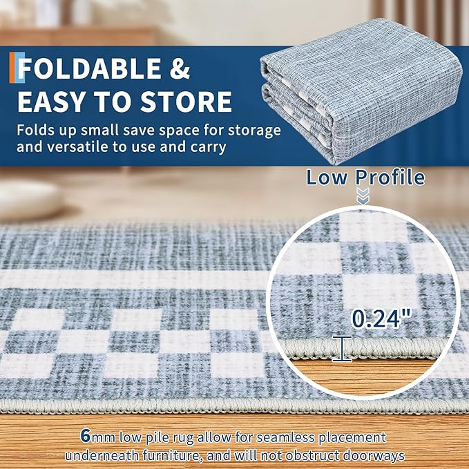 GarveeHome Washable Area Rugs 10x13 Non Slip Soft Large Living Room Rug Modern Checkered Bedroom Rug Soft Geometric Bordered Throw Carpet for Dining Room Home Decor Office Nursery, Blue