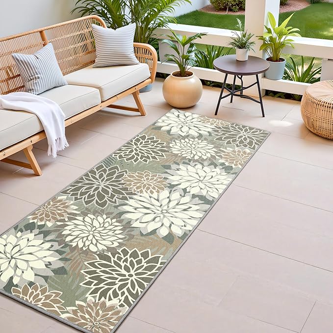 2x6 Washable Runner Rug for Hallway Tropical Botanical Modern Floral Chenille Kitchen Rugs Low Pile Non Slip Carpet for Patio, Bedroom, Laundry, Taupe