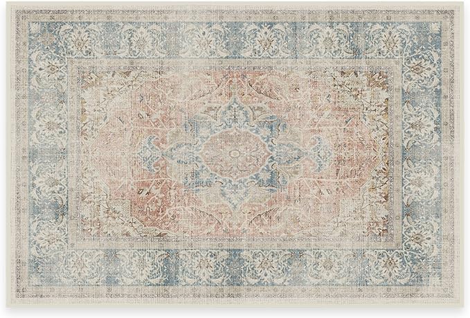 RUGGABLE Washable Vintage Area Rug – Sarrah Coral 2x3, Stain-Resistant, Non-Slip – Small Machine Washable Rugs for Living Room, Bedroom, Hallway, Entryway & Bathroom–with Standard Pad