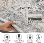 Farmhouse 6x9 Area Rugs for Living Room, Low Pile Thin Washable Non Slip Rugs for Bedroom Dining Room, Distressed Medallion Printed Soft Carpet for Home Office Guest Room, Grey/Orange-Brown