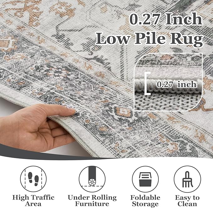 Farmhouse Distressed 8x10 Rugs for Living Room Bedroom, Washable Non Slip Vintage Dining Room Rugs for Under Table, Low Pile Thin Soft Carpet Medallion Pattern Printed Boho, Grey/Orange-Brown