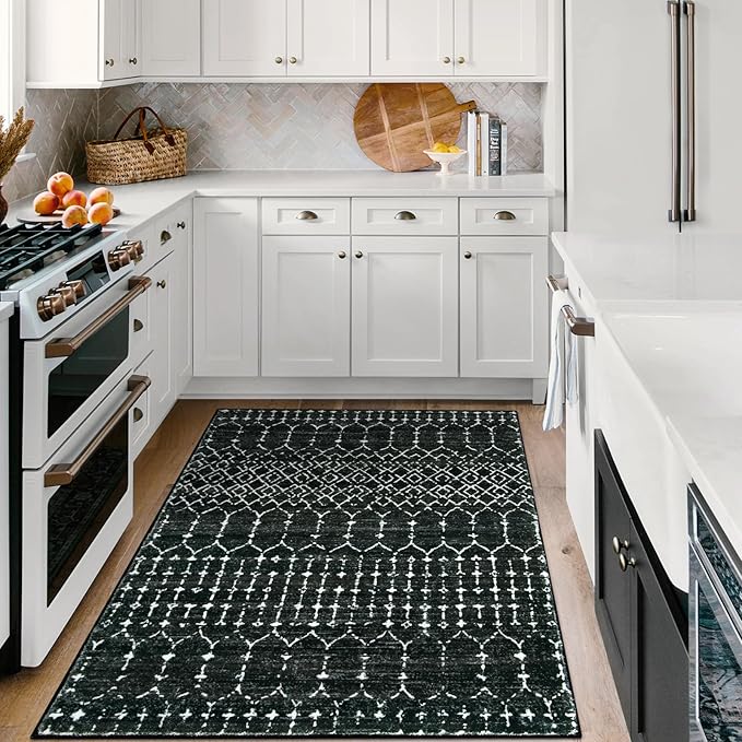 Lahome Moroccan Black Area Rug for Living Room 3x5 Non-Slip Washable Stain Resistant Large Kitchen Rugs Throw Low-Profile Soft Bedroom Carpet Geometric Print Distressed Rug for Entryway Dining Room