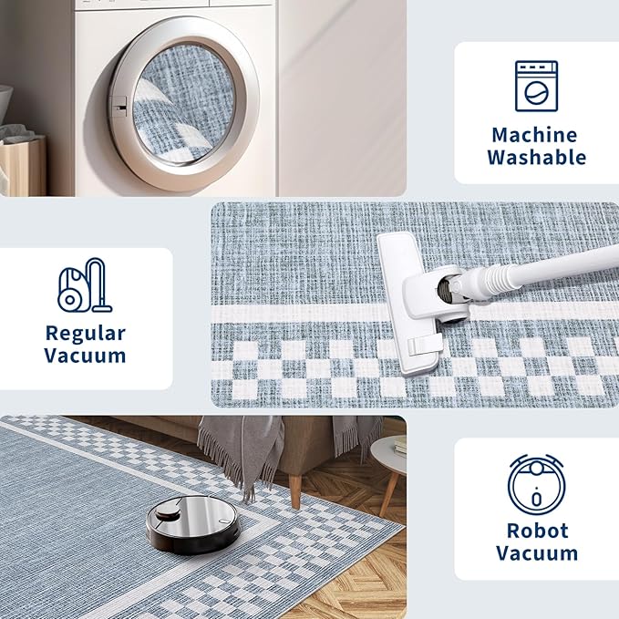 GarveeHome Modern Bordered 8x10 Area Rugs for Living Room Bedroom Soft Washable Large Bedroom Throw Carpet Non Slip Checkered Geometric Rugs for Dining Room Home Decor Office, Blue
