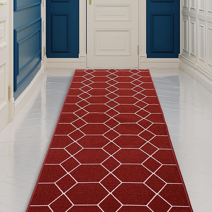 Custom Made Runner Rug for Kitchen Foyer Hallway Entry Choose Your Length Size 26 Inch Wide Geometric Lattice Design Red Color (3 feet x 26 inch)