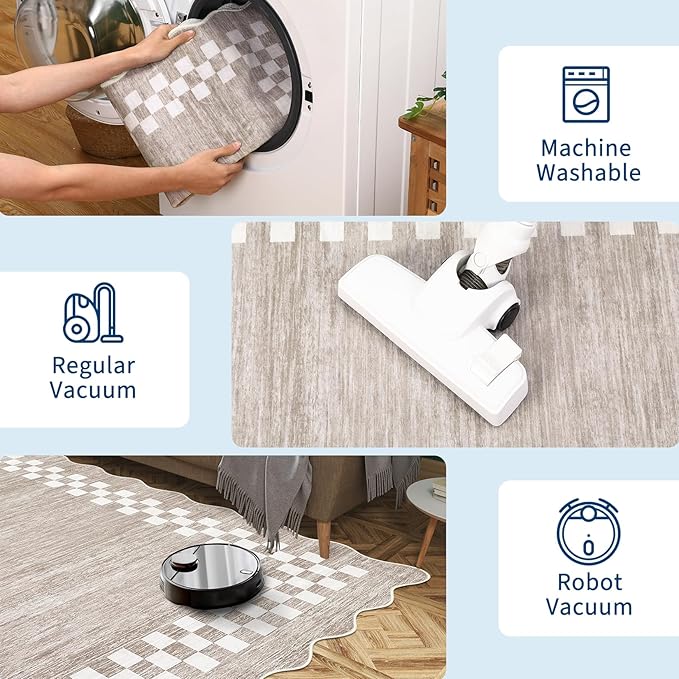 GarveeHome 8x10 Area Rug for Living Room Scalloped Washable Large Bedroom Rug Non Slip Stain Resistant Modern Border Dining Room Throw Carpet Scalloped Boho Rug for Home Decor Office Nursery, Fog