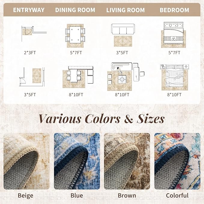 tchdio 8x10 Area Rugs for Living Room, Vintage Non Slip Washable Rug, Soft Low Pile Neutral Area Rug Large Floor Indoor Carpet for Bedroom, Dining Room, Office (Beige, 8'x10')
