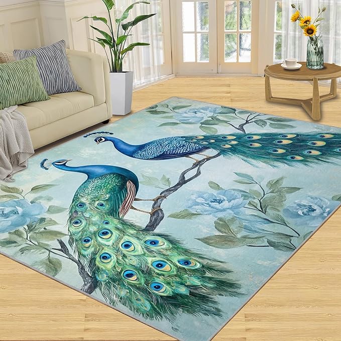 Peacock Rugs for Living Room - 5x6 Rug, Classic Peacock Floral Area Rugs for Bedroom, Teal Turquoise Rug, Modern Style Washable Carpet, Aesthetics Carpet - Peafowl Home Decor & Gifts