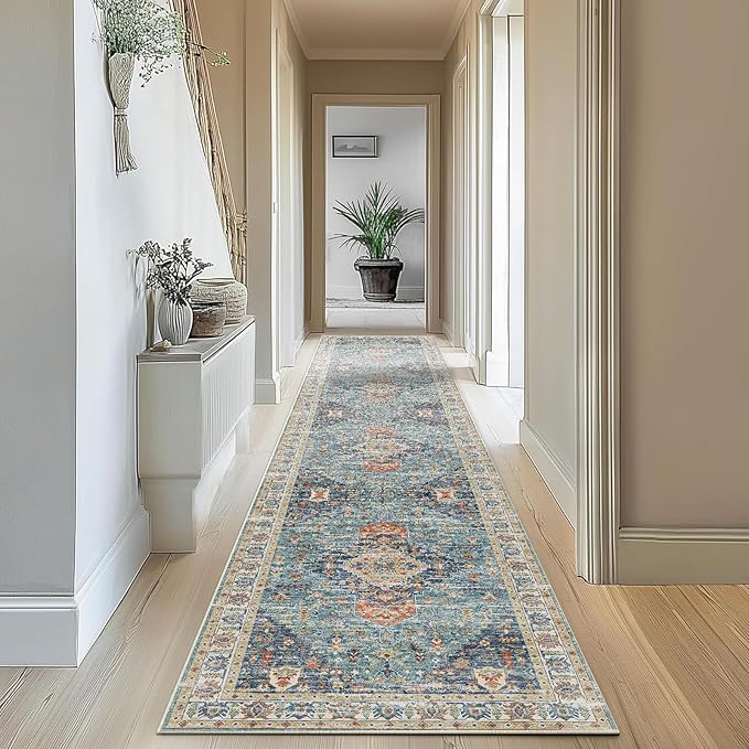 Enkor Runner Rugs for Hallway, 2.6x10.5 Washable Soft Non Slip Floor Rugs for Kitchen, Modern Mat for Living Room Bedroom Entryway Green & Blue