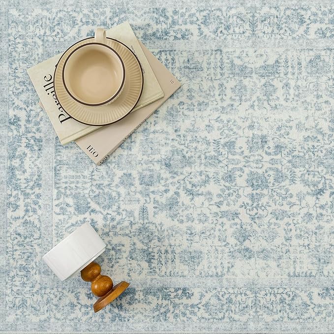 Blue Runner Rug 3x8 Hallway Machine Washable Kitchen Vintage Distressed Non Slip Long Carpet Indoor Retro Floral Bedroom Accent Throw Rug for Bathroom Office Laundry Dining Room