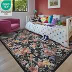 5x8 Machine Washable Area Rug for Living Room, Black Vintage Boho Floral Rug Large Non-Slip Low Pile Soft Faux Wool Carpet, Kids and Pets Friendly for Bedroom Dining Room Farmhouse Home Decor Rug