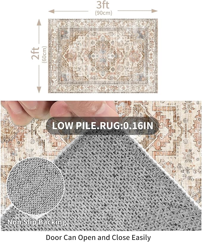Enkor Area Soft Rugs 2x3 Washable Non Slip Boho Small Floor Entryway Rugs for Hallway, Vintage Style Farmhouse Mat for Kitchen Beige & Brown