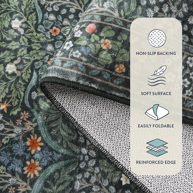 Lahome Floral Hallway Runner Rug Non Slip, 2'6''x10'Soft Washable Runners for Hallways, Ultra-Thin Green Kitchen Runner Distressed Carpet for Entryway Bathroom, Dark Green