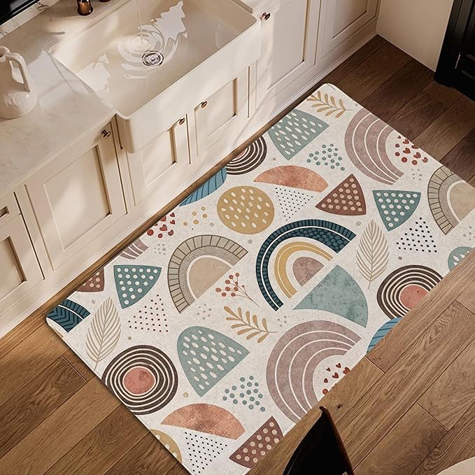 Bohemian Rainbow Washable 3x5 Area Rugs for Living Room, Thin Low Pile Contemporary Carpet, Non-Slip Base Lightweight Rug