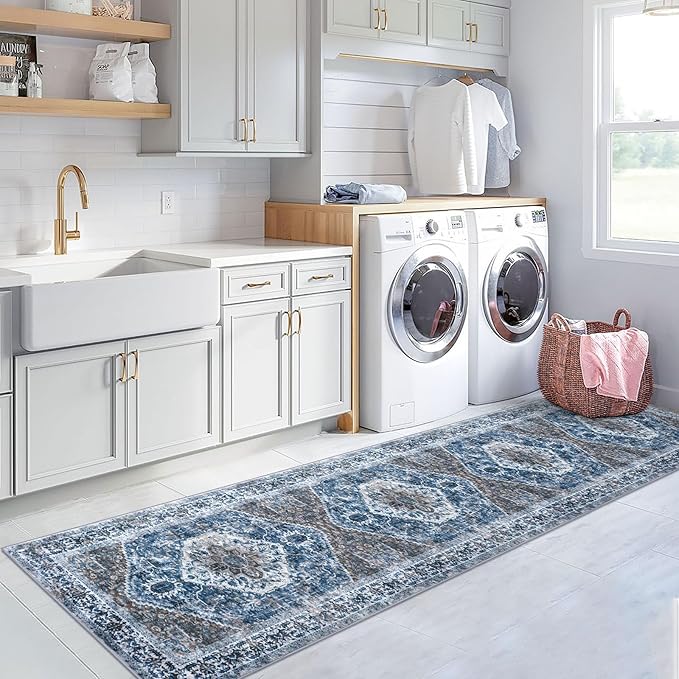 KOZYFLY Runners for Hallways 2.6x12 Ft Long Washable Kitchen Runner Non Slip Runners Rug for Entryway Indoor Blue Printed Faux Wool Stair Runner Floor Carpet for Stair Kitchen Hall, Blue