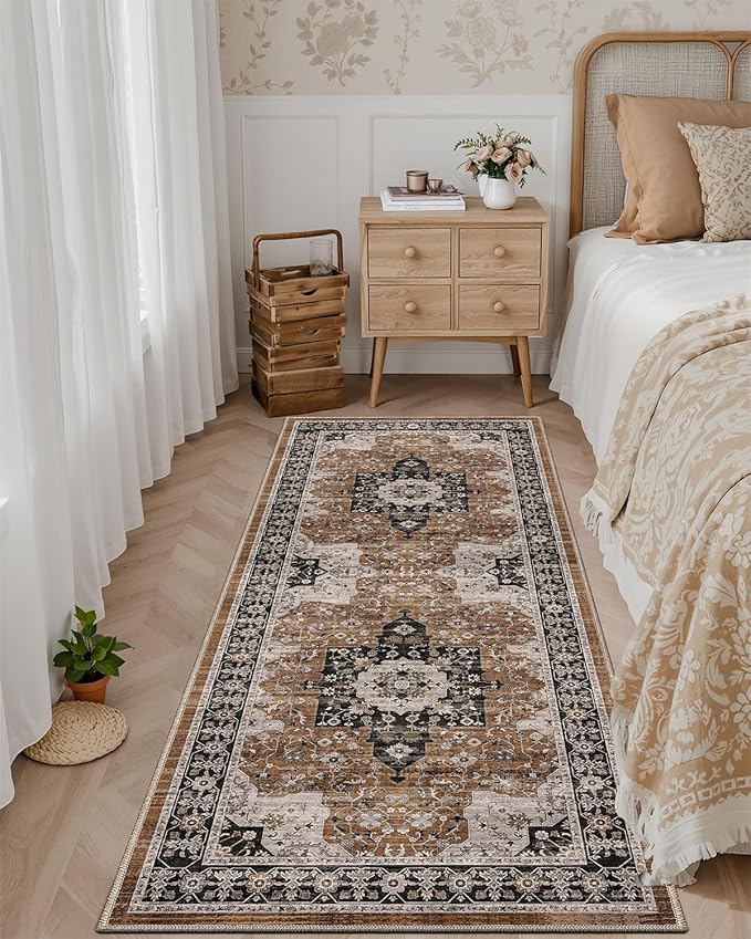 DEXI Hallway Runner Rug 3x7, Distressed Non Slip Runners Carpet, Boho Vintage Soft Thin Indoor Rug, Stain Resistant Washable Entry Mat for Entryway Kitchen Laundry Room Living Room, Brown