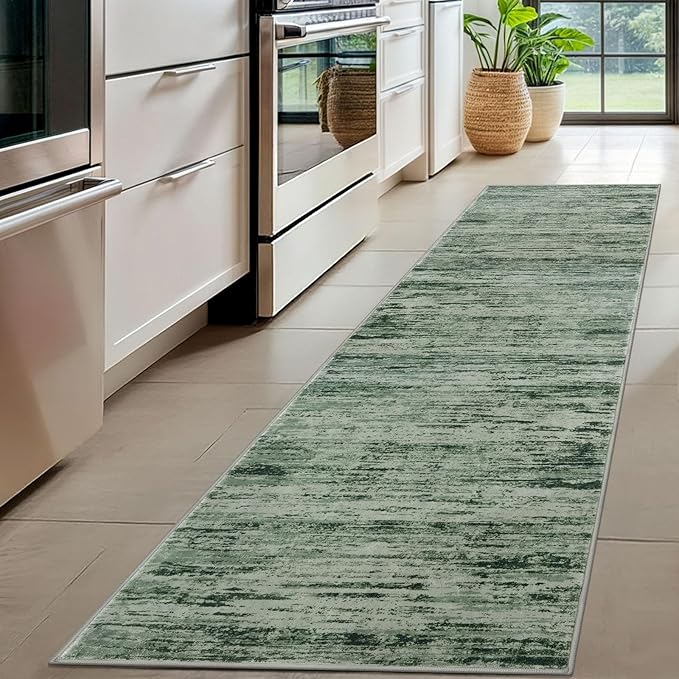 Modern Abstract Hallway Runner Rug, Forest Green Washable Kitchen Runner Non-Slip Soft 2x8 Runner Rug Thin Print Faux Wool Carpet for Entryway Bedroom Laundry Room Indoor