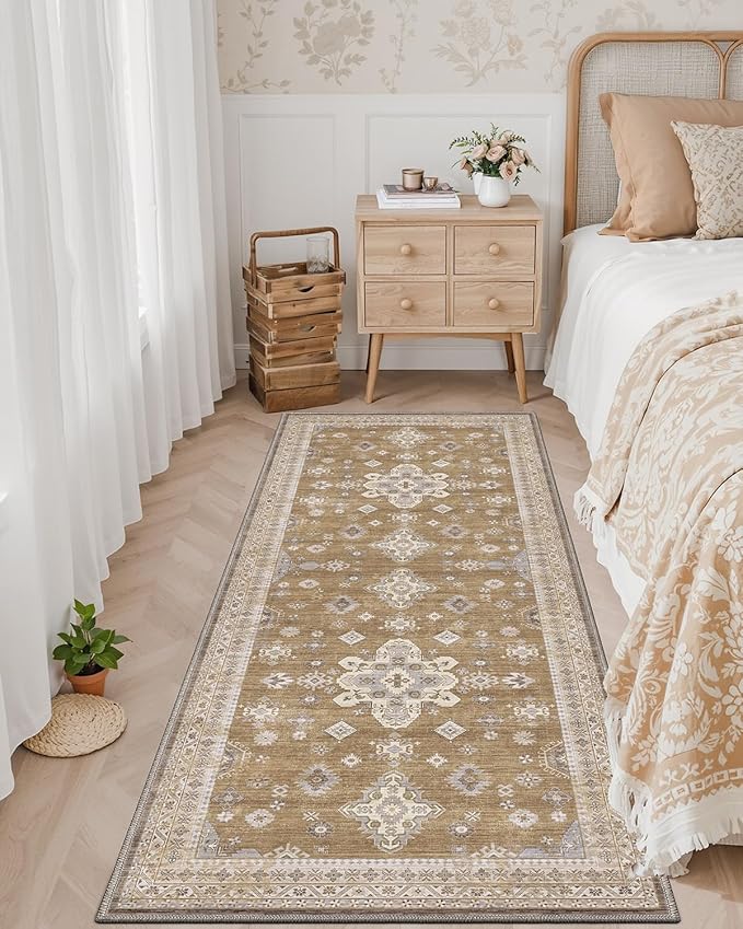 DEXI Hallway Runner Rug 3x12, Distressed Non Slip Runners Carpet, Boho Vintage Soft Thin Indoor Rug, Stain Resistant Washable Entry Mat for Entryway Kitchen Laundry Room Living Room, Light Brown