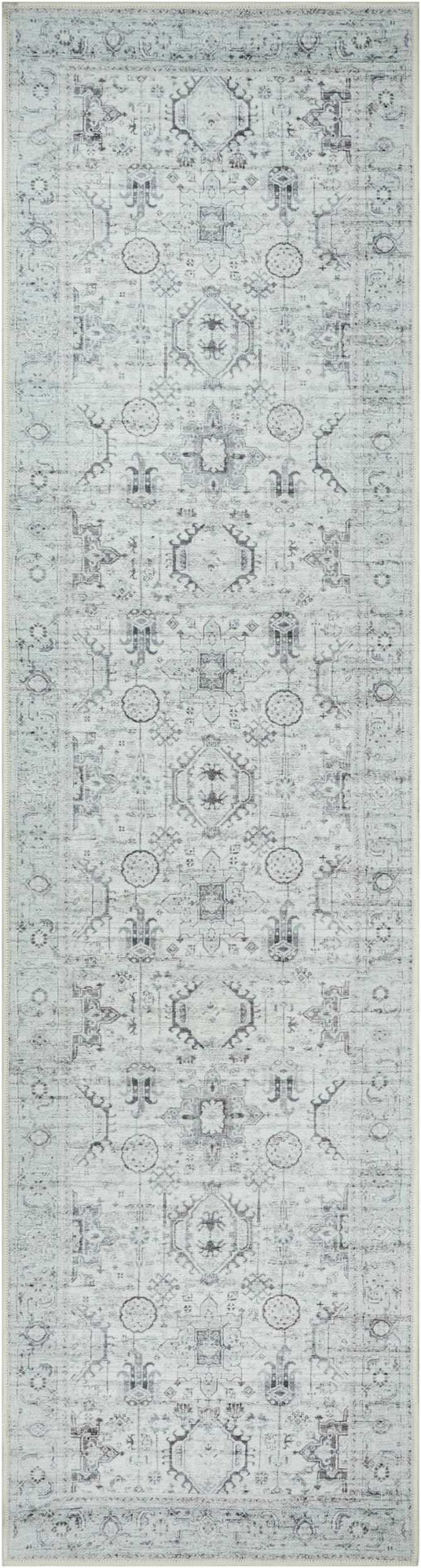 GLN Rugs Traditional Collection - Machine Washable Area Rug, Traditional Washable, Non Slip, Low Pile Chenille Rug, Living Room, Bedroom, Kitchen Rug (2'6" x 10' Cream/Gray/Sea Salt)