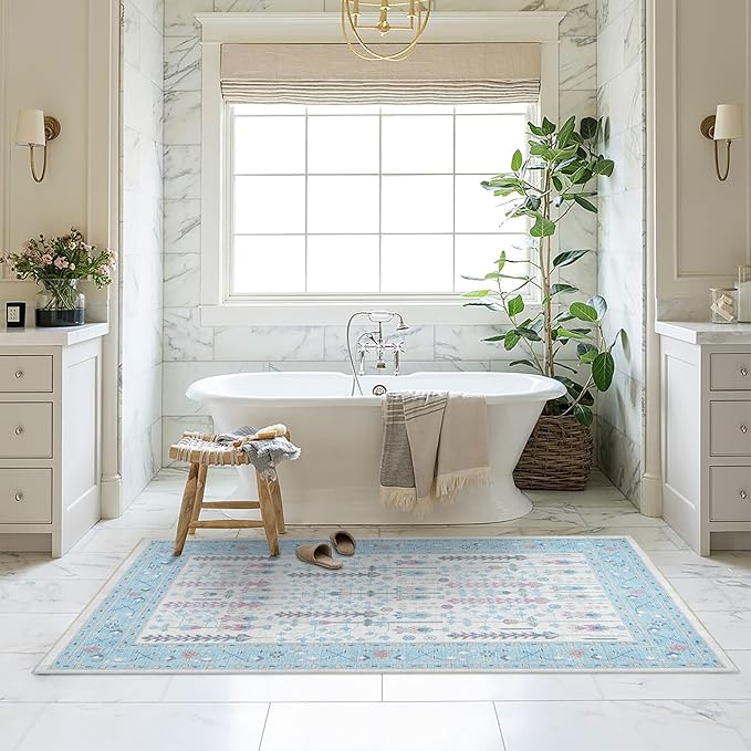 Fame Living Cream Blue Oushak Rug, Modern, Vintage, Turkish, Eclectic, Floral, Pastel, Washable, Area Rugs for Living Room, Dining, Bedroom, Nursery, Girls, Boys, 5'9"x8'9"