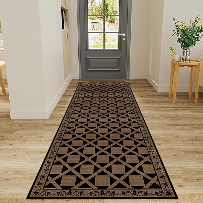 Minimalist Checkered Runner Rug, 3.3x10ft, Brown Checkerboard Floor Mat, Floral Print Hallway Kitchen Runners Rugs, Washable Breathable Reduce Noise Room Decor Carpet for Bedroom Foyer